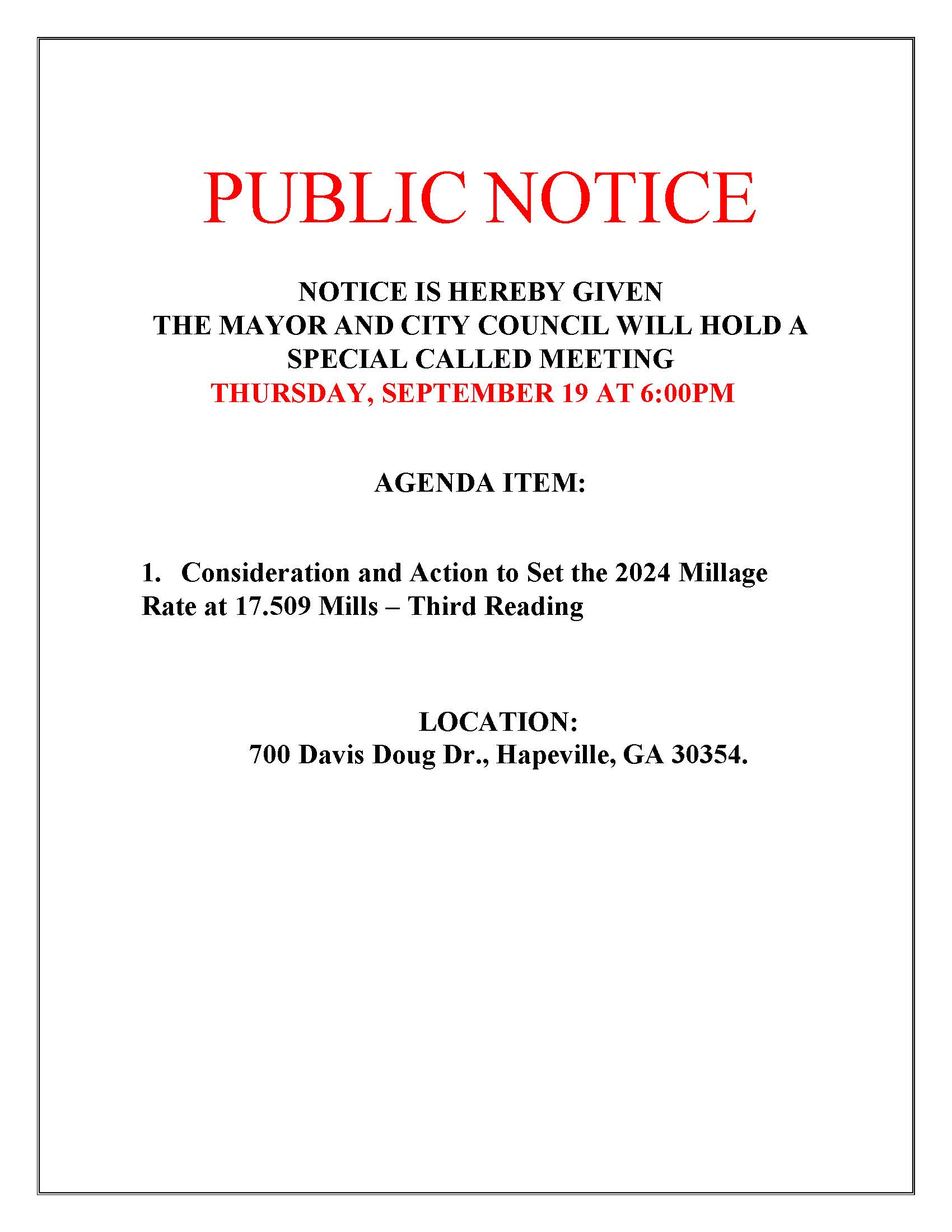 PUBLIC NOTICE  09192024 SPECIAL CALLED MEETING