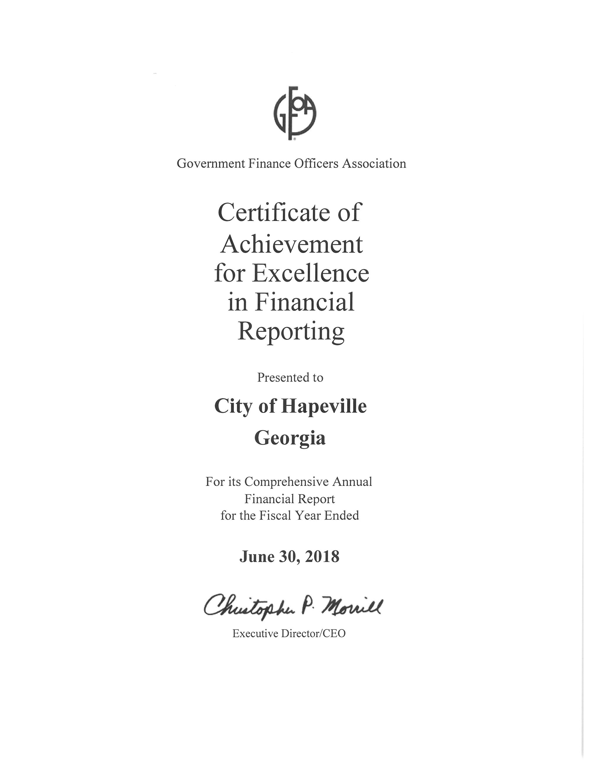 GFOA Certificate of Achievement for Excellence in Financial Reporting (FY2018)